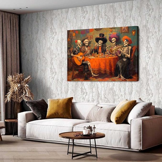 Funny Skull Canvas Wall Art Halloween Wall Decor Skeletons Party Painting Posters Watercolor Gothic Skulls Prints Pictures Halloween Artwork for Living Dining Room Kitchen Home Decorations 34x48"