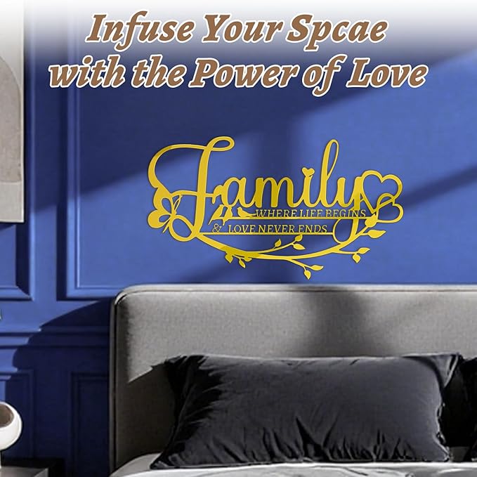 Family Signs Metal Wall Art Home Decor, Golden Family Where Life Begins Love Never Ends Sign Modern Wrought Iron Hanging Door Plaque Words Letters Decoration for Living Room Photos Dining Room Bedroom Housewarming Christmas