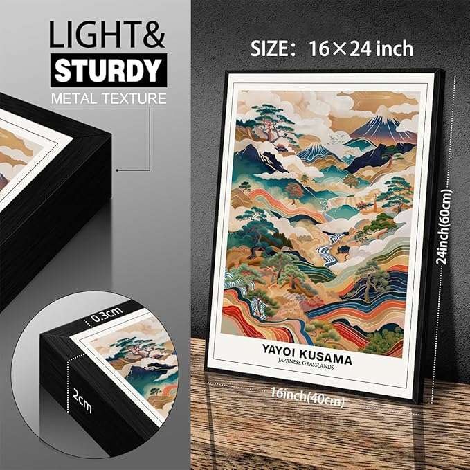 Vintage Yayoi Kusama Grasslands Posters Japanese Wall Art Yayoi Kusama Abstract Landscape Canvas Print for Stylish Room Bedroom Living Room Gallery Decor 16x24in Black Framed