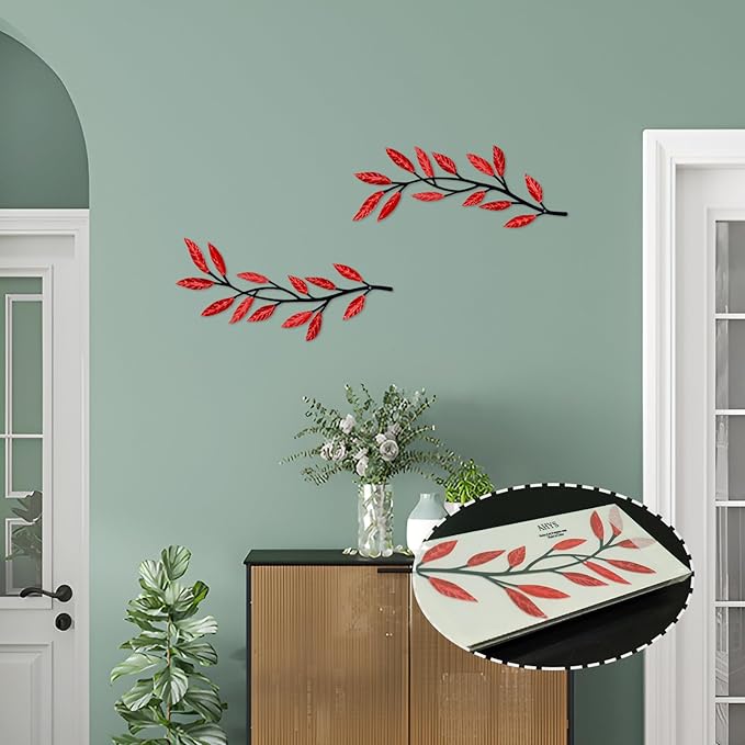 Metal Tree Leaf Wall Decor 2 PCS Rustic Vine Branch Leaf Wall Art for Living Room Bedroom Bathroom Decorations - Red