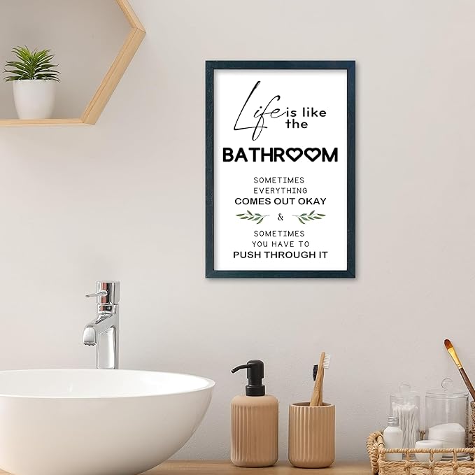 YWJKWLGS Funny Bathroom Decor Sign, Life is Like The Bathroom Wall Art with Wood Frame, 11x16 Inch, Farmhouse Bathroom Quote for Restroom Toilet (Black)