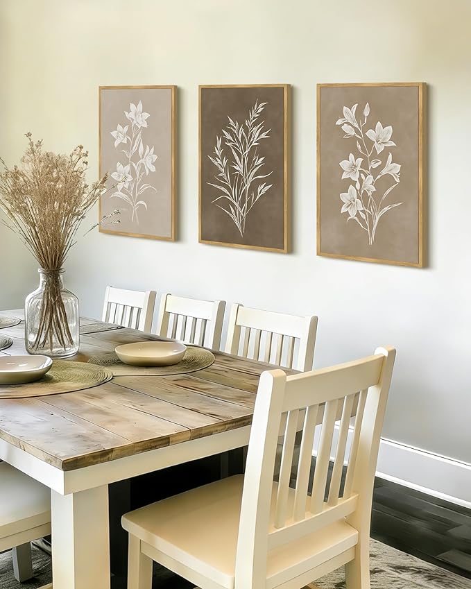 Drsoum Vintage Neutral Botanical Flower Wall Art Framed Retro Colorful Boho Floral Prints Morden Retro Wildflower Rustic Artwork Kitchen Dining Room Ready to Hang 16x24in Natural Framed