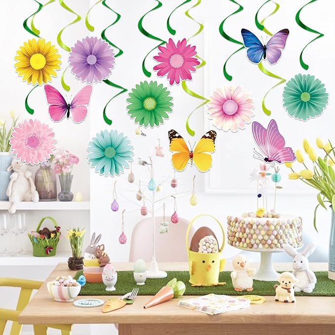 Pastel Rainbow Easter Party-Decorations Supplies - 15pcs Spring Flowers Butterflies Ceiling Hanging Swirl Banner,Home Office Streamers Garland,Outdoor Indoor Birthday Wall Backdrop Decor Burgleda