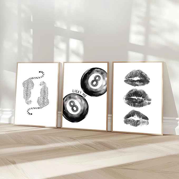 BOKPEN Trendy Black and White Leopard Canvas Wall Art,Funky Y2k Lucky 8 Ball Posters,Retro Kiss Lips Print Picture,Cheetah Prints Aesthetic for Girls Room College Dorm Home Decor (12x16in Unframed)