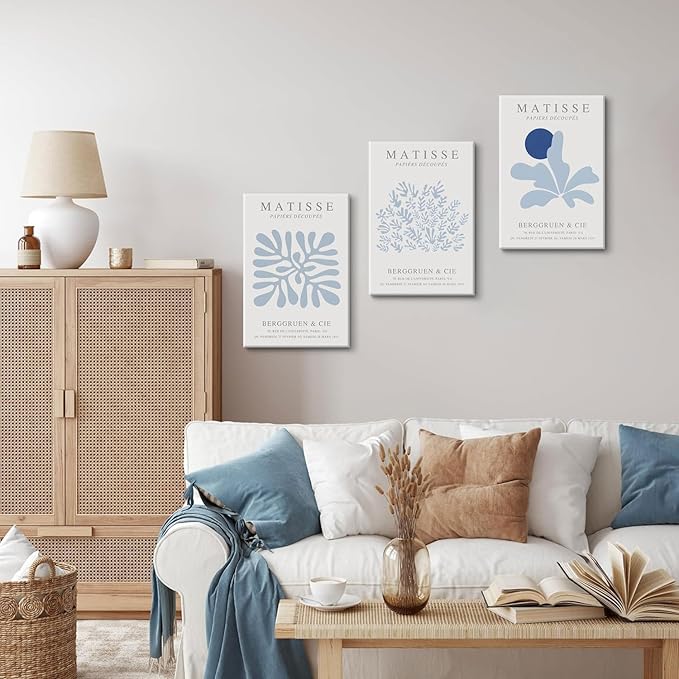 Djmwtb Framed Blue Matisse Canvas Wall Art Decor, Matisse Blue Wall Art Prints Set of 3, Modern Abstract Minimalist Pictures Wall Decor Paintings Artwork for Bathroom Bedroom Living Room 16x24in