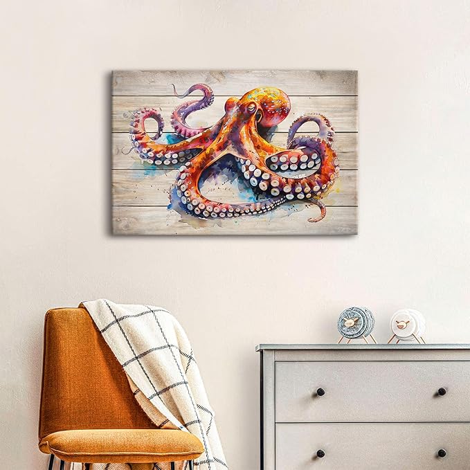 Watercolor Octopus Wall Art for Bathroom Canvas Marine Life Decor Sea Ocean Nautical Theme Picture Prints Underwater Animal Poster Sea Life Painting Artwork Living Room Office Decoration 16x24"