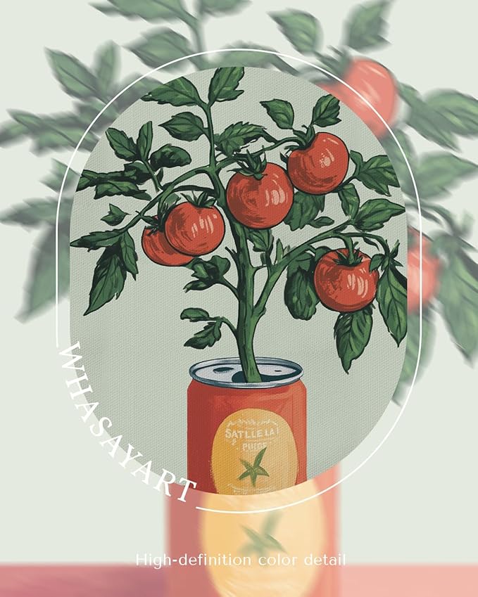 WHASAYART Retro Tomato Plant Growing from Can Framed Wall Art 12x16 Inch, Vintage Vegetable Botanical Food Canvas Print, Pantry Cafe Kitchen Dining Room Farmhouse Decor