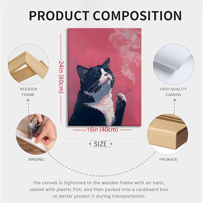Yaneiro Funny cat canvas wall art, bathroom wall decor Black Cat A 16x24 inch Wrapped Canvas