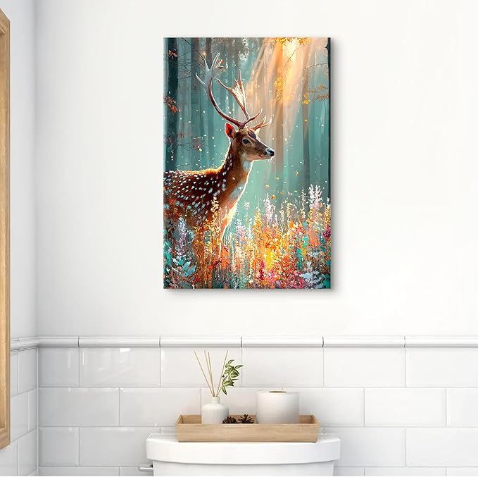 Fall Flower Wall Art Deer Wall Decor Autumn Forest Landscape Painting Wildlife Animal Canvas Prints Watercolor Wildflower Pictures Gold Woodland Artwork for Kitchen Living Room Home Decorations 16x24"