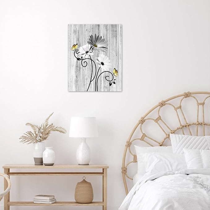 HVEST Grey Daisy Wall Art Vintage Floral and Butterfly on Rustic Wooden Canvas Wall Decor Farmhouse Plant Wall Art for Living Room Bathroom Bedroom Office Decor, 10Lx8W Inches
