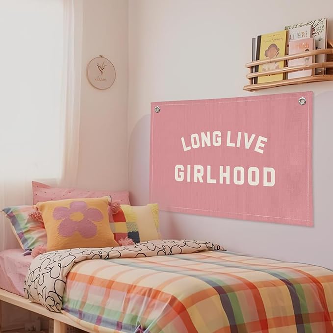 Long Live Girlhood Banner, Girls Baby Nursery Decor, Toddler Girl Room Decor, Pink Girls Room Wall Decor, 30x20 Inch Linen Wall Hanging Canvas Banner Flag - Hot Pink