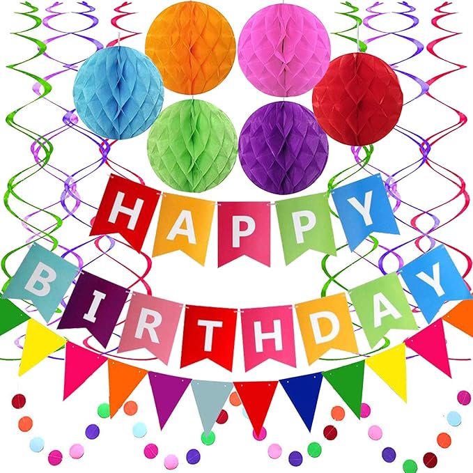 Fecedy Happy Birthday Banner With Colorful Paper Flag Bunting Paper Circle Confetti Garland Swirl Streamers Honeycomb ball for Birthday Party Decorations