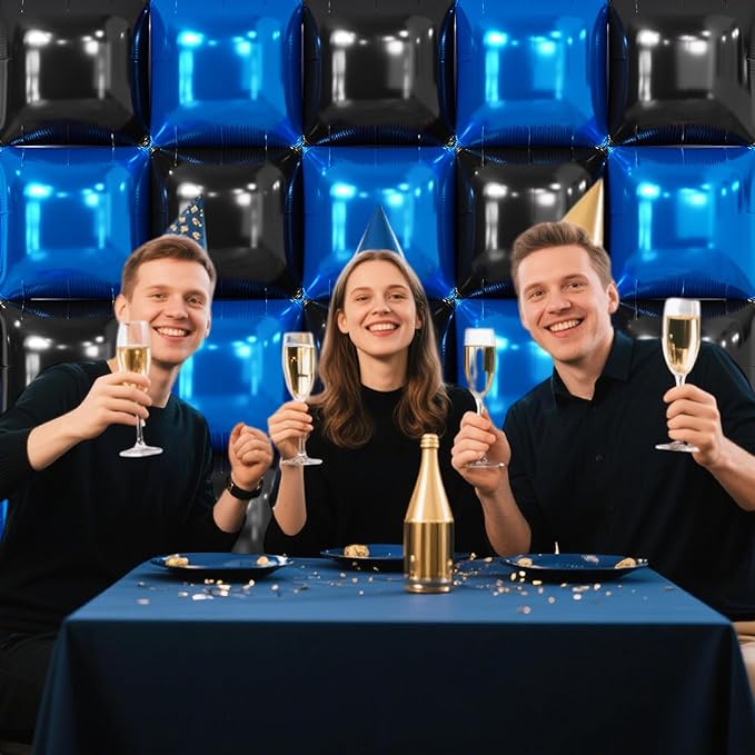 NISOCY 25PCS Black and Blue Square Foil Balloons Wall Backdrop Double Sided Black and Dark Blue Balloons Arch Kit for Birthday Graduation Retirement Anniversary Baby Shower Party Decorations