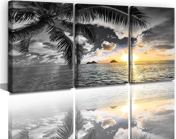 Yxbhhym Sunset Beach Canvas Wall Art Bathroom Black and White Coastal Wall Decor Ocean Prints Art Seascape Pictures Palm Painting Artwork for Living Room Bedroom Decor Office Home Decoration