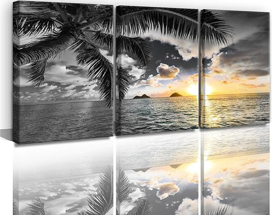 Yxbhhym Sunset Beach Canvas Wall Art Bathroom Black and White Coastal Wall Decor Ocean Prints Art Seascape Pictures Palm Painting Artwork for Living Room Bedroom Decor Office Home Decoration