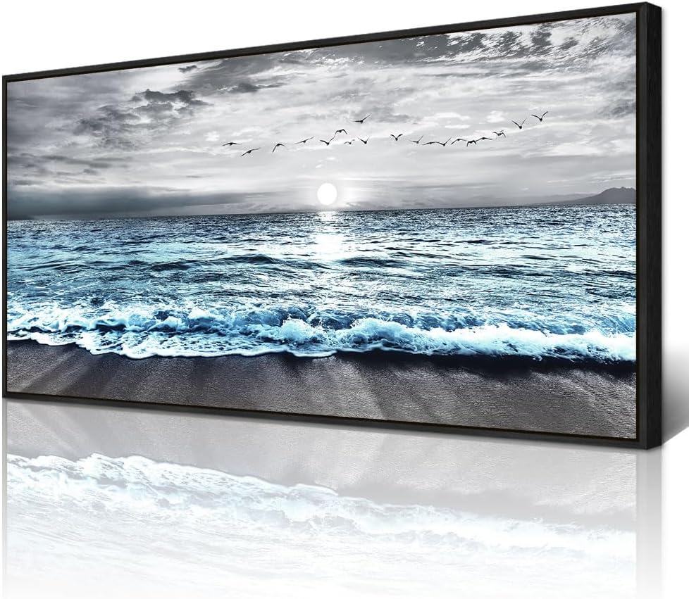 Wapluam Large Black Framed Wall Art For Living Room Wall Decorations For Bedroom Office Wall Decor Black And White Wall Painting Blue Sea Wave Pictures Artwork For Modern Beach Canvas Prints Poster