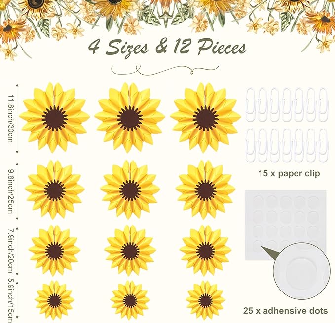 Containlol 12 Pcs Paper Flowers Decorations for Wall Sunflower Daisy Paper Fans Classroom Decoration 3D Floral Hanging Fans for Birthday Wedding Baby Shower Spring Decor(Yellow,Sunflower)