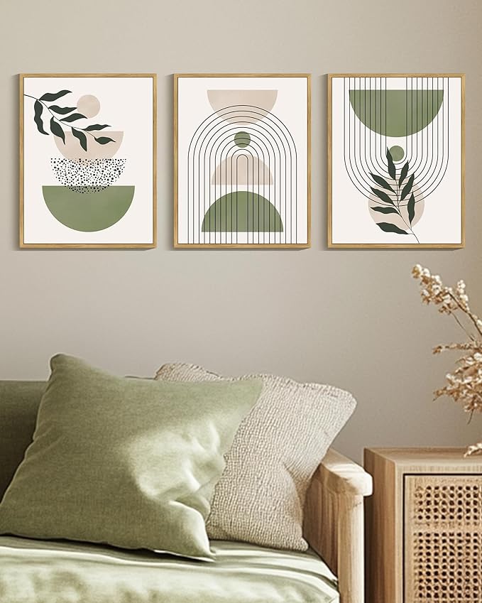 Drsoum Green Botanical Boho Wall Art Framed Modern Sage Bohemian Plant Wall Decor Abstract Geometry Lines Prints Ready to Hang 11x14in Natural Framed