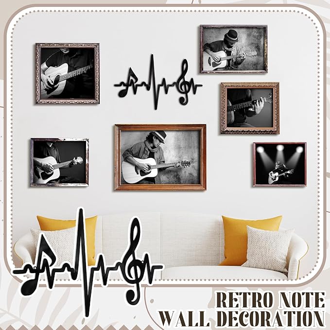 Blulu Metal Music Notes Wall Decor Sign Vintage Musical Heartbeat Wall Art Hanging Note Sign Treble Clef Decorations for Studio Bedroom Gallery Bar Birthday Party 15.75 x 9.04 Inches(Black)