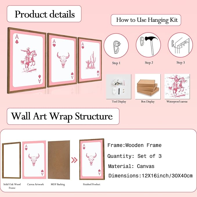 Western Cowboy Wall Art Set of 3 Southwestern Playing Card Wall Decor Pink Western Poster Canvas Prints Longhorn Bull Skull Room Decor for Bedroom Living Room Framed 12x16 inch