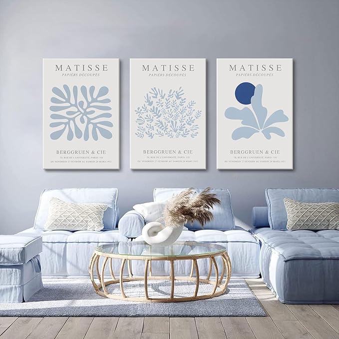 Djmwtb 3 Piece Canvas Wall Art Blue Wall Decor Matisse Prints Abstract Paintings Pictures for Bedroom Bathroom Living Room Artwork 12x16in Framed