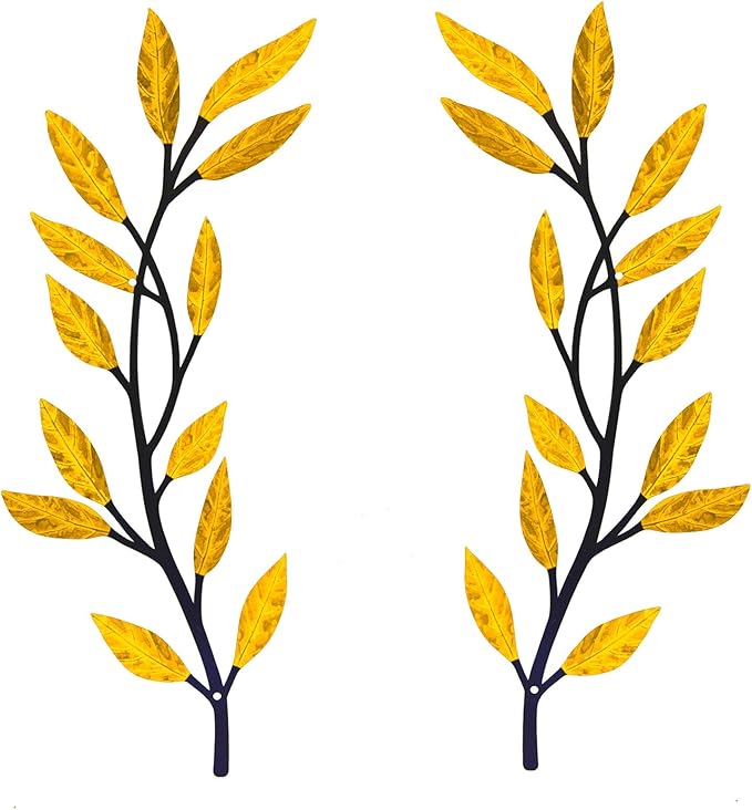 Metal Tree Leaf Wall Decor 2 PCS Rustic Vine Branch Leaf Wall Art for Living Room Bedroom Bathroom Decorations - Golden Yellow