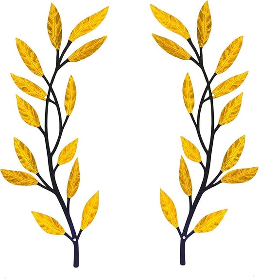 Metal Tree Leaf Wall Decor 2 PCS Rustic Vine Branch Leaf Wall Art for Living Room Bedroom Bathroom Decorations - Golden Yellow