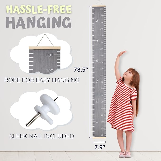 Growth Chart for Wall - Height Chart for Toddlers (79” x 7.9”) - Canvas Kids Tape Measure Chart - Growth Chart for Kids w/Wood Frame Panel - Neutral Color Height Measurement for Wall & Home Décor