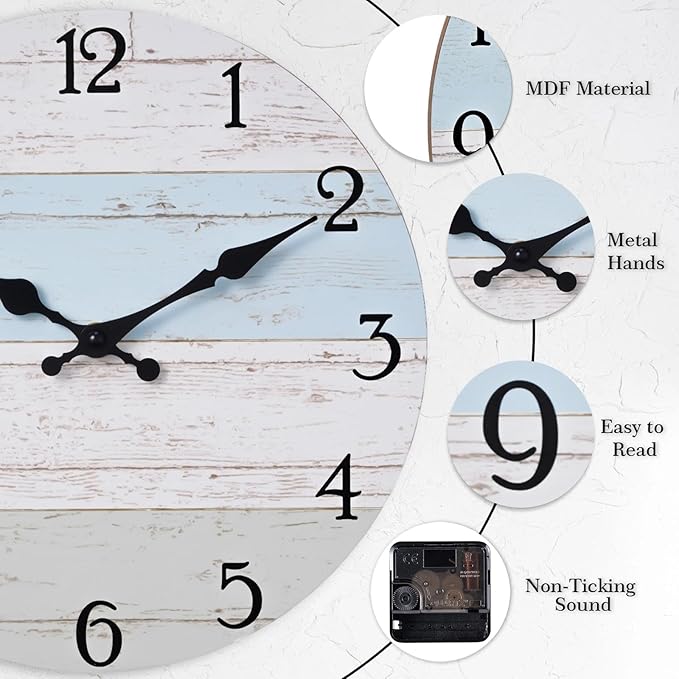 Wall Clock 8 Inch Silent Non-Ticking Coastal Beach Style Wall Clocks Battery Operated Rustic Retro Decorative for Kitchen, Bathroom, Living Room, Laundry Room(Azure Blue)
