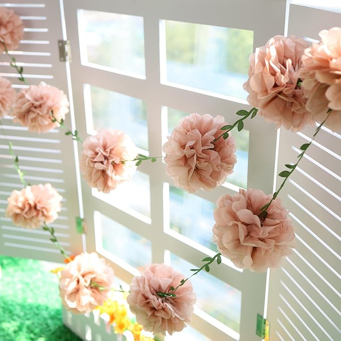 Homarkable Nude Pink Tissue Paper Pom Pom Garlands, Paper Flowers for Birthday Decorations, Baby Shower, Wedding Engagement, Bridal Shower, Spring Summer Party Decorations, 4 Pcs