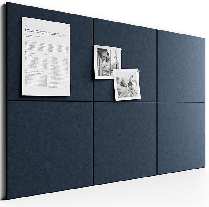 Bumusty Large Cork Board 36" x 24" Alternative - 6 Pack Felt Wall Tiles with 40 Safe Removable Adhesive Tabs, 30 Pushpins, Cork Boards for Walls Pin Board Bulletin Board Office Decor (Navy Blue)