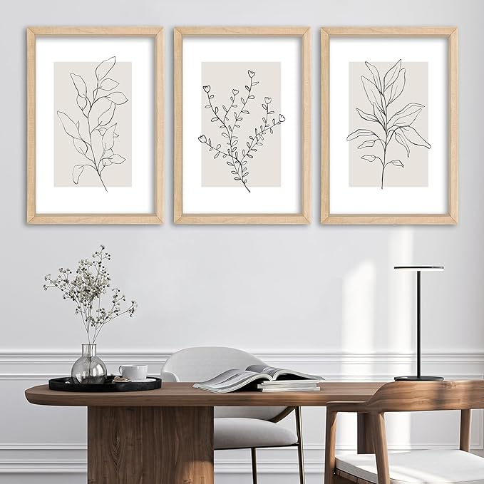 YWJKWLGS Neutral Botanical Prints Framed Wall Art Decor 11x16 Inch Set of 3 Boho Plant pictures Sign minimalist Vintage for Bedroom Office bathroom Wall Hanging (Wood)