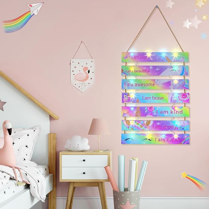 FIOBEE Girls Room Décor for Teen Girls Boys with LED Light Wall Decor for Bedroom Motivational Inspirational Wall Art Girl Room Decoration for Kids Studyroom, 8 Kinds of Lights, Rainbow Unicorn