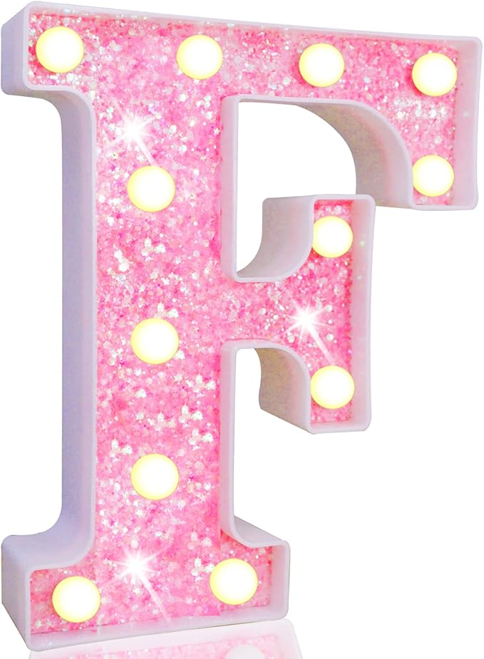 Pooqla LED Marquee Letter Lights, Light Up Pink Letters Glitter Alphabet Letter Sign Battery Powered for Night Light Birthday Party Wedding Girls Gifts Home Bar Christmas Decoration, Pink F