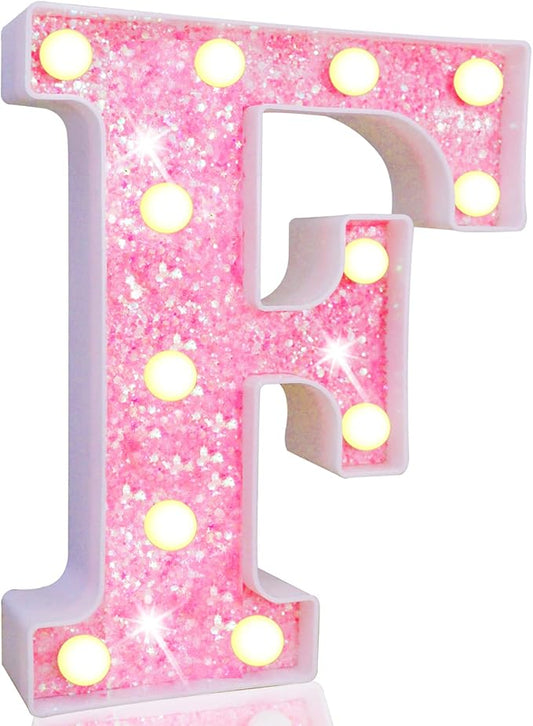 Pooqla LED Marquee Letter Lights, Light Up Pink Letters Glitter Alphabet Letter Sign Battery Powered for Night Light Birthday Party Wedding Girls Gifts Home Bar Christmas Decoration, Pink F