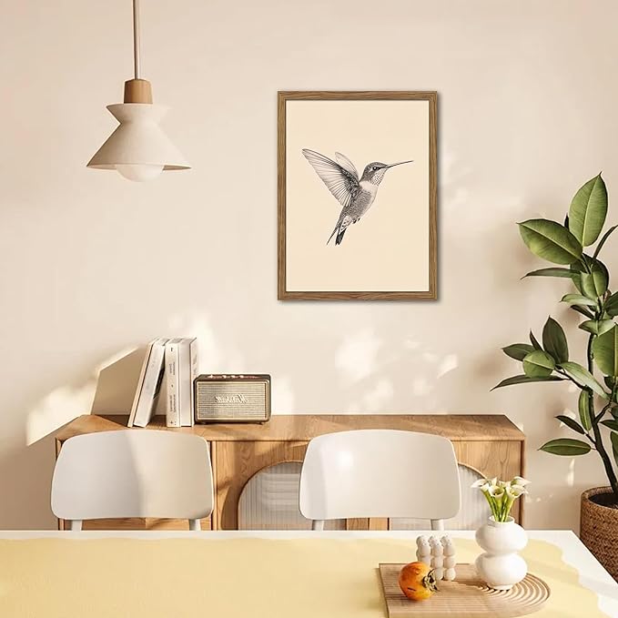 Vintage Framed Wall Art, Birds Canvas Prints, Hummingbird Sketch Painting Picture, Neutral Farmhouse Artwork Wall Decor for Living Room Bedroom – Dark Wooden Frame 12x16in
