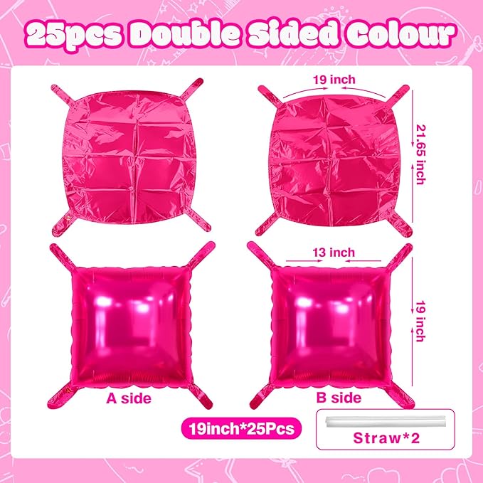 NISOCY 25PCS Hot Pink Square Foil Balloons Wall Backdrop Double Sided Rose Red Balloon Tunnel Arch Kit for Birthday Valentine Wedding Anniversary Bachelorette Bridal Baby Shower Party Decorations