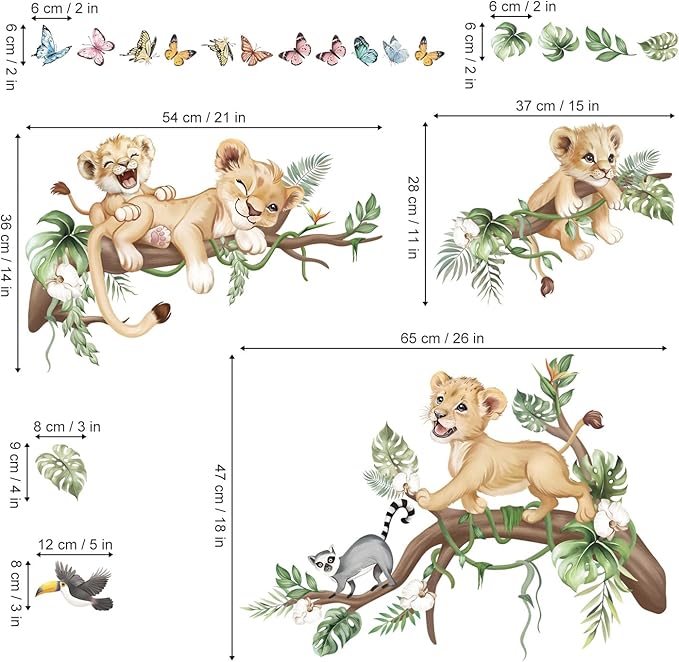 wondever Safari Animal Lions Wall Stickers Jungle Animals Tree Branch Butterfly Peel and Stick Wall Art Decals for Baby Nursery Kids Bedroom Living Room