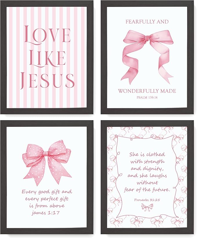LARTSFRO Coquette Pink Bow Jesus Wall Art Decor Posters, Pink Bow Room Bedroom Bathroom Dorm Wall Art Decor Aesthetic for College Teen Girls Gifts, Inspirational Bible Verses Bow Wall Decor, 10x8 Inch Set of 4 Pcs Bow Pictures (DARK FRAMED)