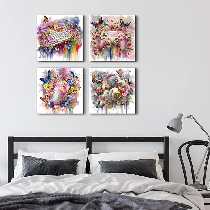 Pink Gaming Wall Art Gamer Women Bedroom Decor Colorful Floral Butterflies Game Pictures, 4Pcs Console Paintings Controller Headphones Keyboard Canvas Prints Gaming Room Decorations Girl Gifts 16x16”