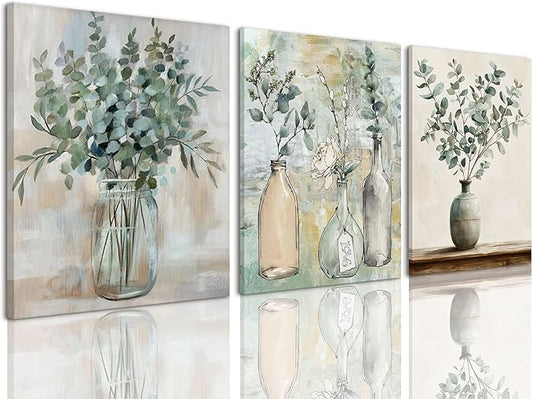 AOYUSMO 3 Piece Sage Green Eucalyptus Vase Canvas Wall Art for Kitchen Boho Botanical Framed Wall Art Floral Farmhouse Neutral Prints Artwork For Dining Room Living Room 16"x24"