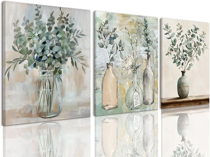 AOYUSMO 3 Piece Sage Green Eucalyptus Vase Canvas Wall Art for Kitchen Boho Botanical Framed Wall Art Floral Farmhouse Neutral Prints Artwork For Dining Room Living Room 12"x16"
