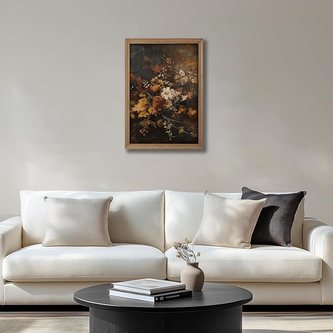 Framed Vintage Moody Floral WallArt Fall Wildflower Canvas Painting,Dark Botanical Picture Poster Print With Wood Frame Wall Decor for LivingRoom Bedroom Bathroom12X16In