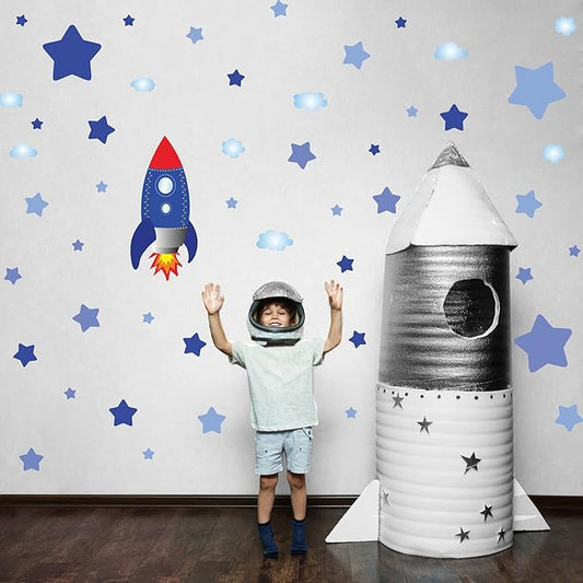 Large Rocket and Star Wall Decals, Outer Space Wall Stickers, Peel and Stick Removable Star Sticker, Art Decor for Kids Boys Bedroom Nursery Living Room,Playroom Classroom Decoration