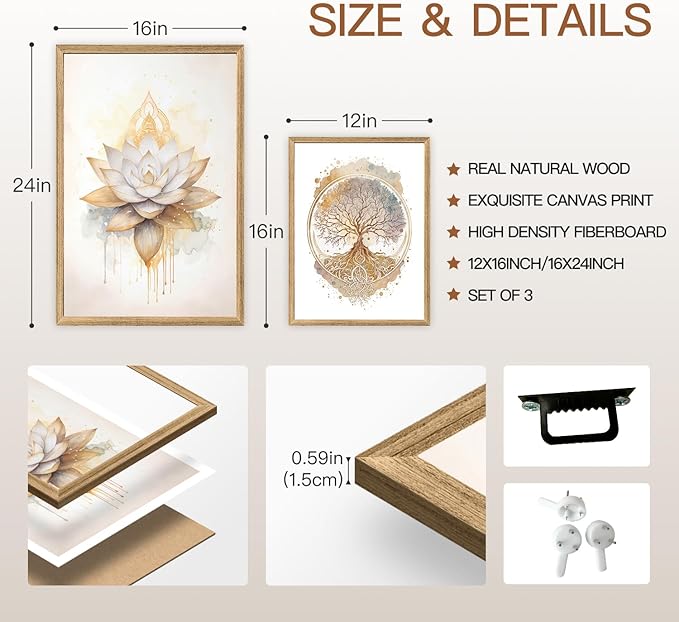 GELDSTEI Tree of Life Wall Art, Calming Zen Wall Decor, Abstract Yin Yang Tree Canvas Painting, Modern Gold Lotus Flower Meditation Poster Print for Living Room Yoga Room Bedroom Wood Framed Set of 3, Each 12x16 Inch