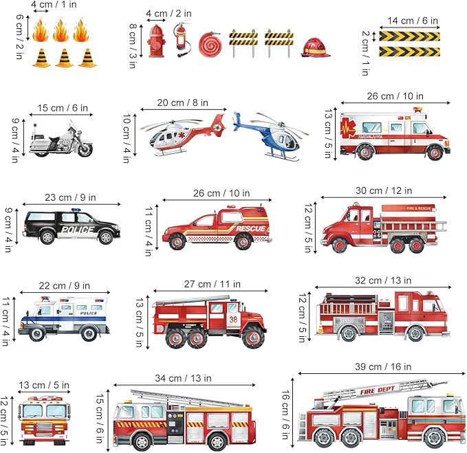 decalmile Transportation Cars Vehicles Wall Decals Fire Trucks Wall Stickers Baby Nursery Kids Room Boys Bedroom Wall Decor