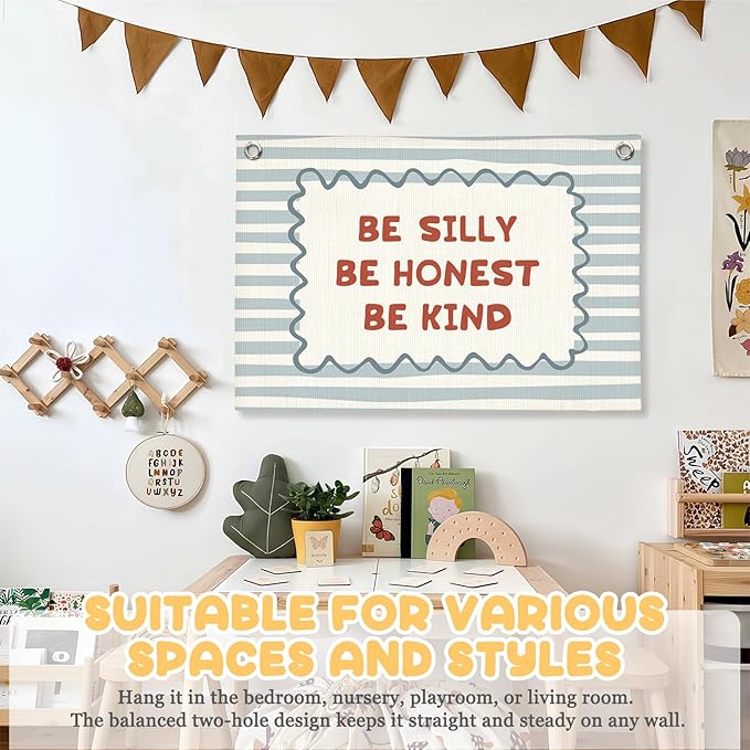 Blue Kids Room Decor, Boy Nursery Decor Boho Retro Classroom Wall Hanging Canvas Banner, Be Silly Honest Kind Classroom Wall Art Decor for Kids Nursery Toddler Room Bedroom Playroom, 30x20 Inch