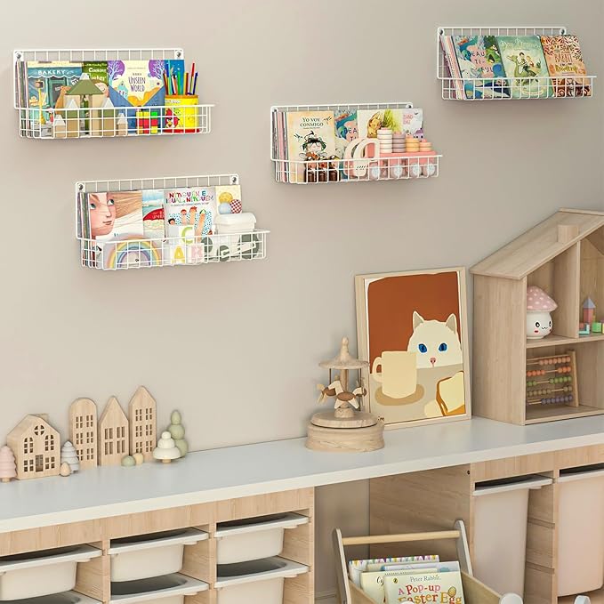 6-Pack White Floating Nursery Book Shelves , Metal Wall Mounted Storage book Shelves for Kids Bedroom, Toddler Room, Baby Nursery Decor, Space-Saving Display Shelves for Books & Toys - 2 Sizes