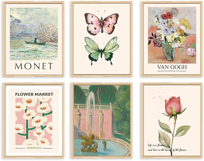 QIAOMICS Wall Art Prints Aesthetic,Flower Market Wall Art Prints for Bedroom,Monet&Van Gogh Poster,Colorful Abstract Girls Room Decor Floral Drawing Posters for Livingroom Decor