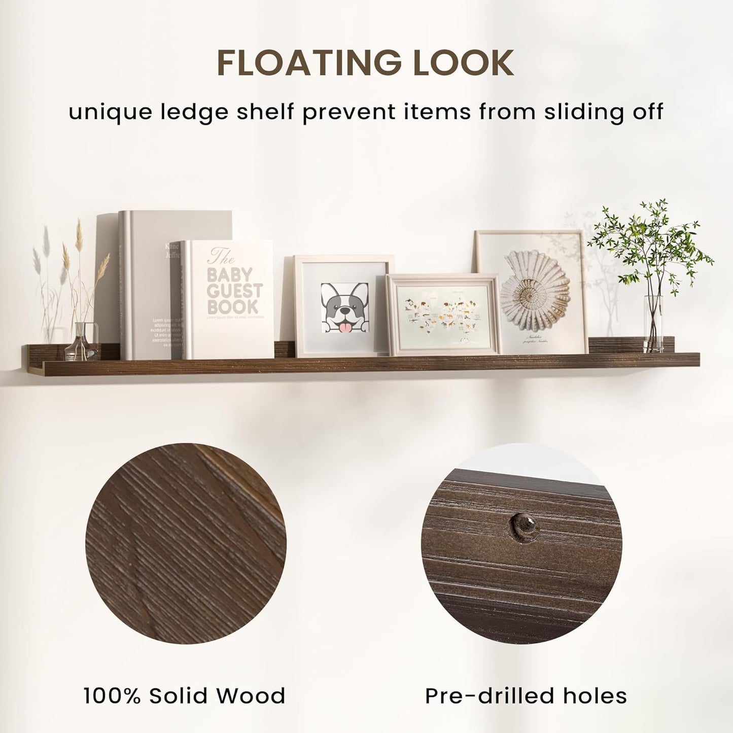 Floating Shelves for Wall, Picture Ledge Shelf 36 Inch Solid Wood Set of 2, Rustic Wall Shelves with Lip, Kids Bookshelf, Photo & Picture Live Edge Floating Shelves for Bedroom, Living Room, Kitchen